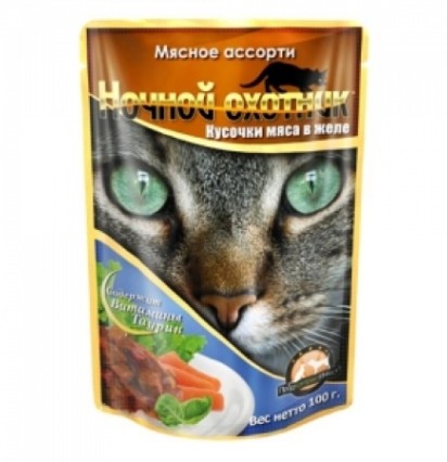 Ночной охотник консервы для кошек мясное ассорти в желе пауч 100 гр.
